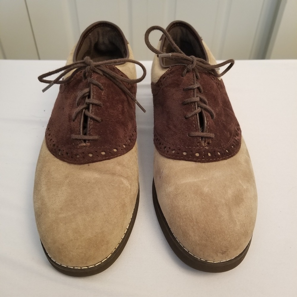 Hush puppies Womens Two Tone Suede Saddle Shoes Brown Tan Lace Up Oxford Sz 9M
